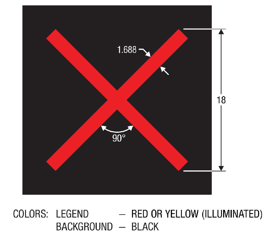 A sign with a black background with a red 18 inch tall 'X' in the middle of it with a width of 1.688 inches and the angles are at 90 degrees.  The legend must be red or yellow (illuminated) and the background black.