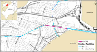 Figure 1 is a map of the Allston/Brighton neighborhood of the City of Boston. The location of the experiment along Brighton Avenue is highlighted in magenta on the map. Also shown on the map in light blue highlighting are the locations of nearby corridors with bike lanes and in dark blue highlighting are the locations of nearby corridors with shared lane markings.
