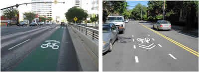 Figure 3 includes two photographs. The photograph on the left, which was taken in Salt Lake City, UT, shows a shared lane marking supplemented by a continuously marked green "bicycle lane" down the center of the outside motor vehicle lane. The photograph on the right, which was taken in Brookline, MA, shows a shared lane marking supplemented on both sides by white broken longitudinal lines in the center of a motor vehicle lane.