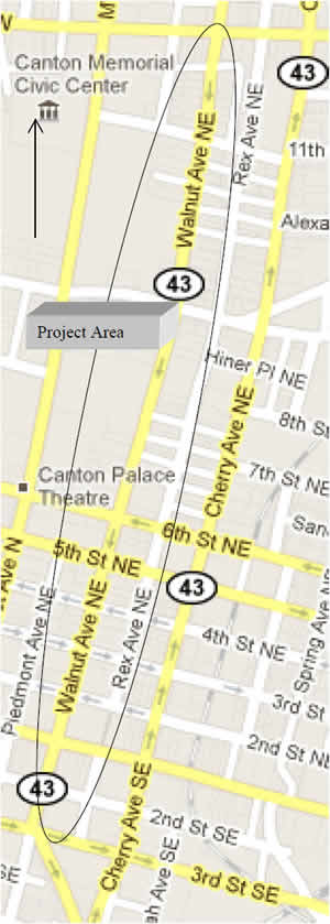 Figure 1 is a map showing the Walnut Street corridor from 3rd Street SE on the south to 12th Street NE on the north.