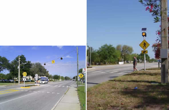 FIGURE 7 Photographs showing a traditional over-head circular incandescent flashing beacon (left photograph) and a round side-mounted beacon (right photograph).