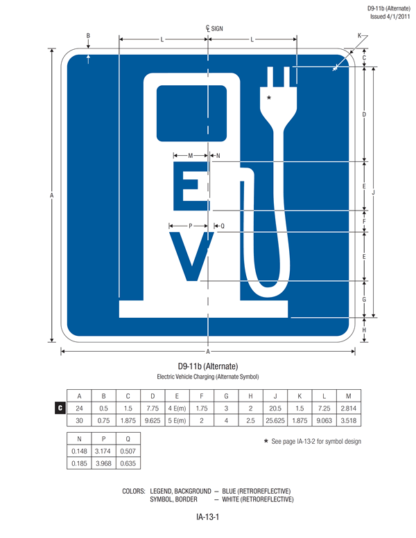 An image of a Alternative Electric Vehicle Charging Symbol Sign fabrication details and including dimensions.