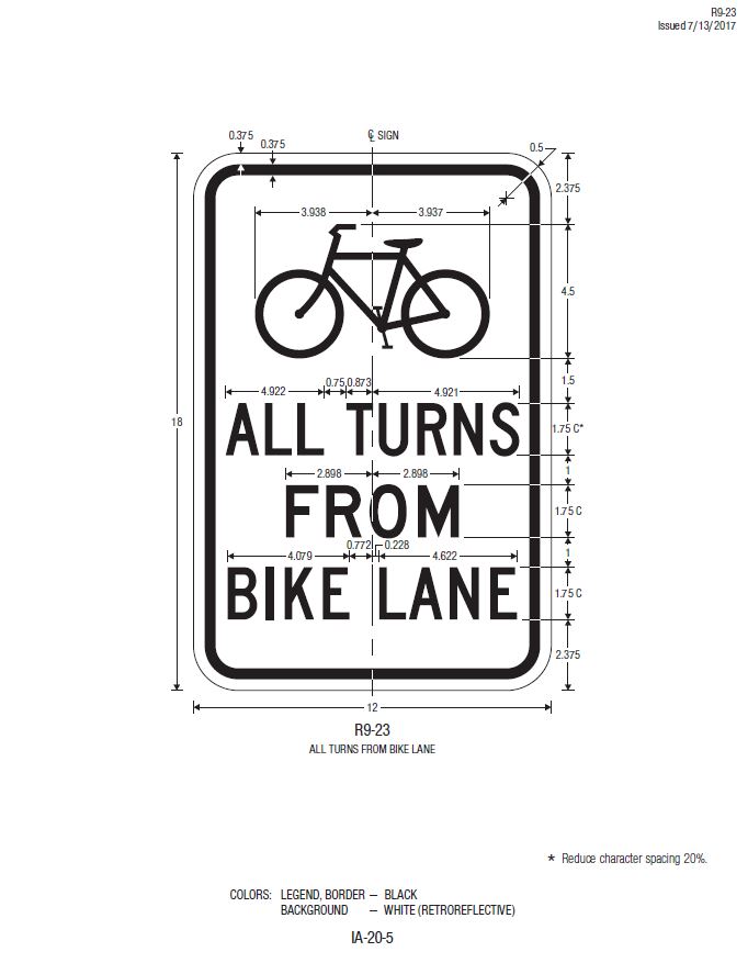 This figure shows the design and fabrication details, including dimensions, for the ALL TURNS FROM BIKE LANE (R9-23) sign. This sign is shown as a vertical rectangle and has a white background with a black legend and border.