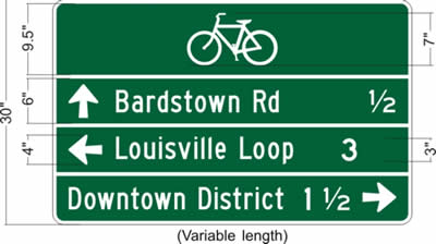 A drawing is included that shows a white-on-green destination sign with a 7-inch tall bike symbol centered at the top of the sign, below which are three destinations, the first one being Bardstown Road a half a mile straight ahead, then Louisville Loop three miles to the left, and finally Downtown District a mile and a half to the right. Various dimensions are also shown for the sign.