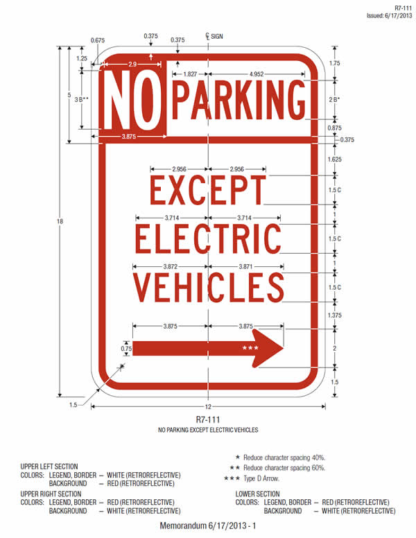 This sheet shows the design and fabrication details, including dimensions, for the parking prohibition sign (R7-111) displaying the word legend "NO PARKING EXCEPT ELECTRIC VEHICLES."