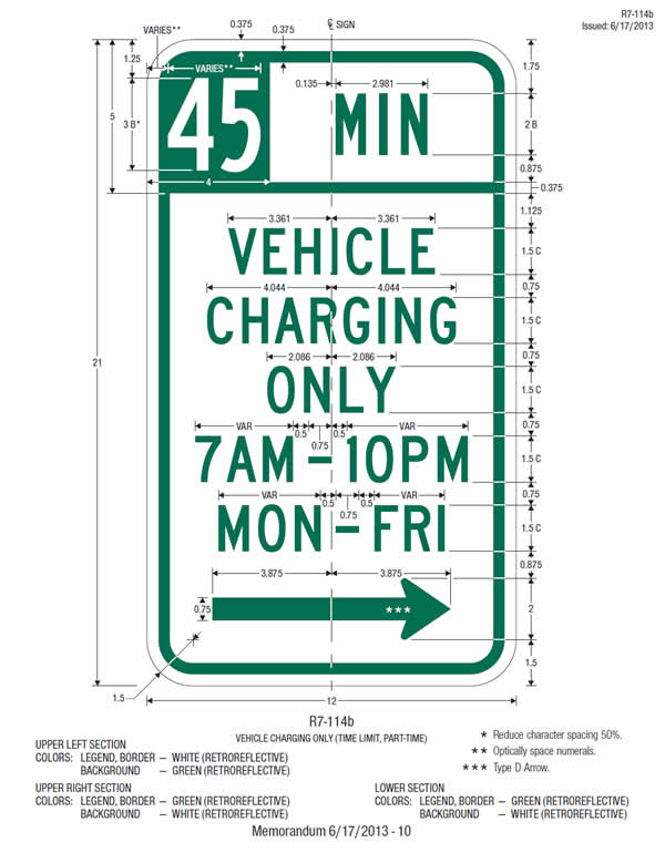 This sheet shows the design and fabrication details, including dimensions, for the vehicle charging restriction sign (R7-114b) displaying the word legend "45 MIN VEHICLE CHARGING ONLY 7AM-10PM MON-FRI."