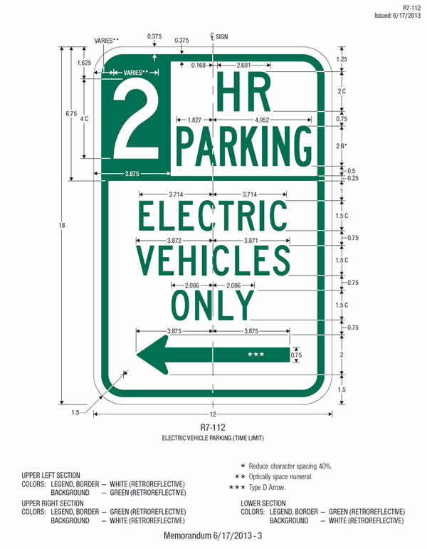 This sheet shows the design and fabrication details, including dimensions, for the parking restriction sign (R7-112) displaying the word legend "2 HR PARKING ELECTRIC VEHICLES ONLY."