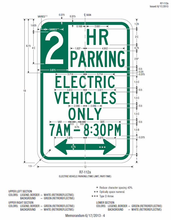 This sheet shows the design and fabrication details, including dimensions, for the parking restriction sign (R7-112a) displaying the word legend "2 HR PARKING ELECTRIC VEHICLES ONLY 7AM-8:30PM."