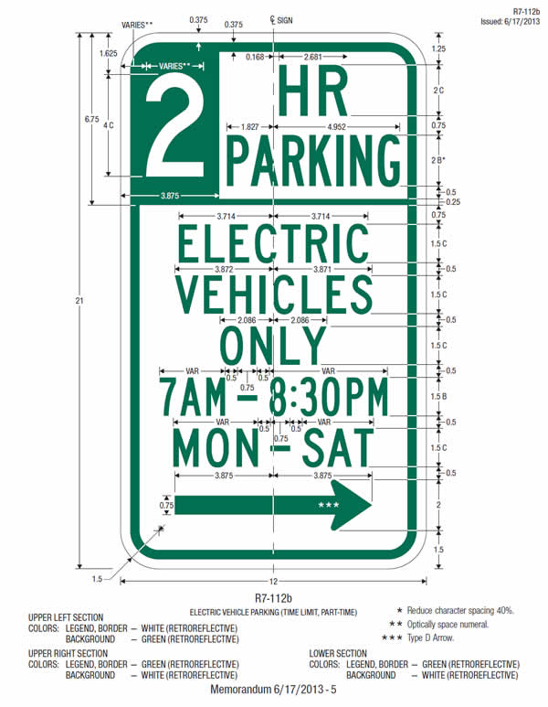 This sheet shows the design and fabrication details, including dimensions, for the parking restriction sign (R7-112b) displaying the word legend "2 HR PARKING ELECTRIC VEHICLES ONLY 7AM-8:30PM MON-SAT."
