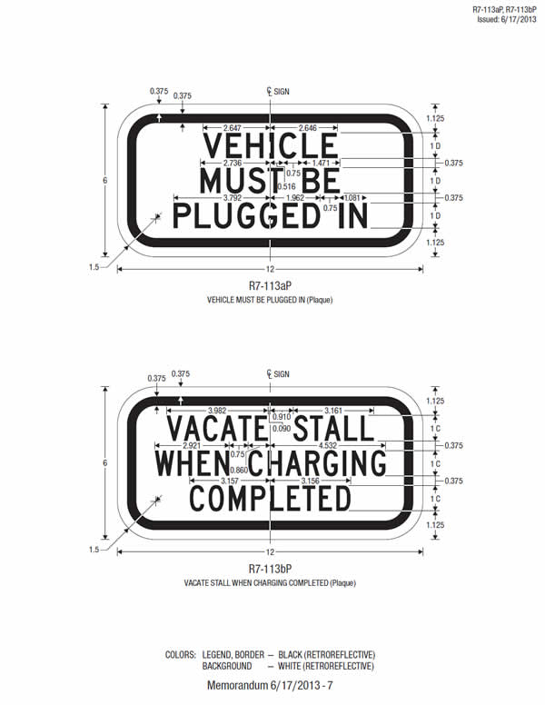 This sheet shows the design and fabrication details, including dimensions, for the regulatory plaques (R7-113aP and R7-113bP) displaying the word legends "VEHICLE MUST BE PLUGGED IN" and "VACATE STALL WHEN CHARGING COMPLETED."