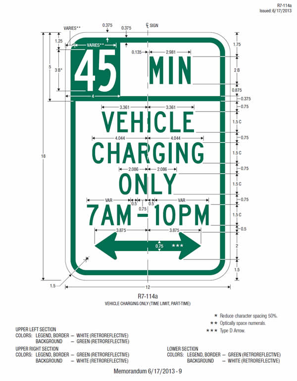 This sheet shows the design and fabrication details, including dimensions, for the vehicle charging restriction sign (R7-114a) displaying the word legend "45 MIN VEHICLE CHARGING ONLY 7AM-10PM."