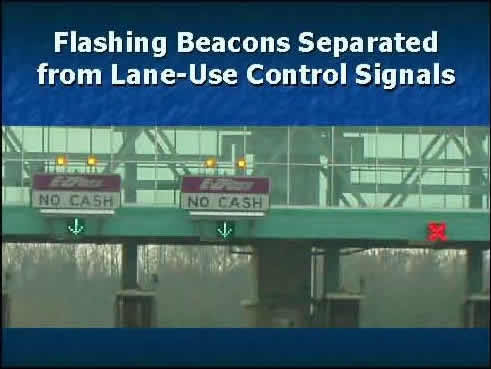Example 8 shows Flashing Beacons Separated from Lane-Use Control Signals.