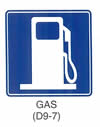 Motorist Services and Recreation Sign "GAS (D9-7)" is shown as a square sign with a symbol of a gas pump. It is labeled "Gas."