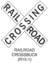 Railroad and Light Rail Transit Grade Crossing Sign "RAILROAD CROSSBUCK (R15-1)" is shown as composed of two horizontal rectangular white signs placed one on top of the other to form an "x," denoting a cross buck. In black letters, the word "RAILROAD" is shown on the piece running from northwest to southeast, and the word "CROSSING" is shown on the piece running from southwest to northeast. A note states that the sign is drilled for 90-degree mounting.