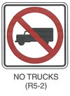 Regulatory Sign "NO TRUCKS (R5-2)" is shown as a square white sign with a black border. A black symbol of a left-facing box truck is shown with a red circle and diagonal red slash running from the upper left to the lower right superimposed on it.