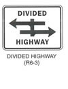 Regulatory Sign "DIVIDED HIGHWAY (R6-3)" is shown as a horizontal rectangular white sign with a black border and the words "DIVIDED" and "HIGHWAY" in black on two lines above and below, respectively, two thick horizontal black arrows intersected by a thick black vertical line. The upper horizontal arrow is shown pointing to the left, and the lower arrow to the right. The vertical line extends above and below the horizontal arrows.