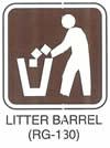 Motorist Services and Recreation Sign "LITTER BARREL (RG-130)" is shown with a symbol of a person putting trash into a container.