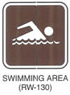 Motorist Services and Recreation Sign "SWIMMING AREA (RW-130)" is shown with a symbol of a right-facing person swimming.