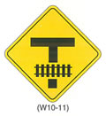 Railroad and Light Rail Transit Grade Crossing Sign "LIMITED VEHICLE STORAGE SPACE BETWEEN INTERSECTION AND TRACKS (W10-11)" is shown as a diamond-shaped sign with a symbol of a T-shaped intersection with a symbol of a horizontal railroad track across the vertical arm.