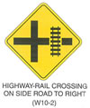 Railroad and Light Rail Transit Grade Crossing Sign "HIGHWAY-RAIL CROSSING ON SIDE ROAD TO RIGHT (W10-2)" is shown as a diamond-shaped yellow sign with a black border and legend. The sign shows a cross intersection with an elongated right arm. A symbol of a vertical railroad track is shown across the right arm.