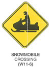 Warning Sign "SNOWMOBILE CROSSING (W11-6)" is shown as a diamond-shaped symbol sign with a symbol of a left-facing snowmobile and driver.