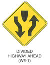 Warning Sign "DIVIDED HIGHWAY AHEAD (W6-1)" is shown as a diamond-shaped sign. At the top of the sign, a depiction of the plan view of the nose of a traffic island is shown. A vertical downward-pointing arrow is shown to the left of the island, curving to depict movement to the left of the nose of the island. A vertical upward-pointing arrow is shown to the right of the island, curving to depict movement to the right of the nose of the island.