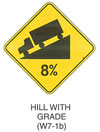 Warning Sign "HILL WITH GRADE (W7-1b)" is shown as the same as W7-1 with the addition of "8%" under the ramp.
