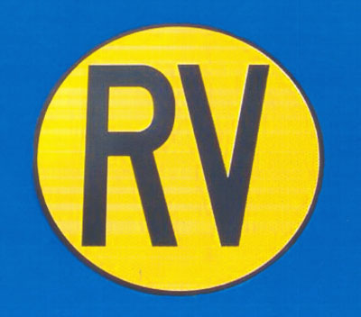 RV-Friendly symbol, a black-bordered yellow circle with the letters 'RV' centered within it.