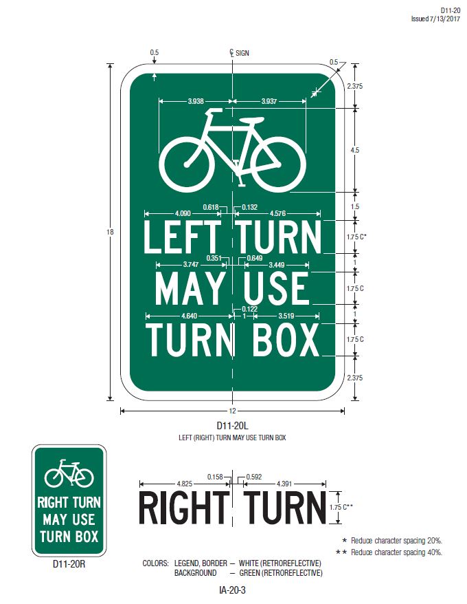 This figure shows the design and fabrication details, including dimensions, for the LEFT (RIGHT) TURN MAY USE TURN BOX (D11-20L(R)) sign. This sign is shown as a vertical rectangle and has a green background with a white legend and border.