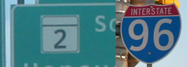 The image has two pictures on it.  The first is a road sign with a green background and white and black lettering.  The number 2 in black lettering appears in a white box.  The second image is of a Interstate 96 sign with a red and blue background with white lettering.