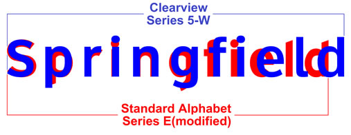 The image is of the Clearview Series 5-W letters for 'Springfield' in blue overlayed with the Standard Alphabet Series E (modified) letters in red.