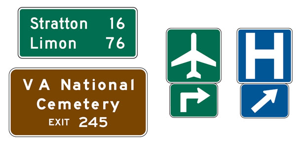 There are four signs.  First sign has white lettering with a green background.  It reads 'Stratton 16 Limon 76'. The second sign has white lettering with a brown background.  It reads 'VA National Cemetery Exit 245'. The third sign has two parts.  Both have a green background with white images.  The top part has the image of an airplane; the bottom has a right turn signal.  The fourth sign has two parts.  Both have a blue background with white lettering/images.  The top part is a capital H.  The bottom section has a directional arrow pointed to the northeastern direction.