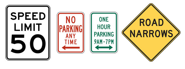 Four roadsigns.  1) sign with black lettering and white background that reads: Speed Limit 50, 2) a rectangle sign with red lettering and white background that reads: No Parking Any Time, 3) a rectangle sign with green lettering and a white background that reads: One Hour Parking 9AM - 7PM and a bi-directional arrow, 4) a diagonal rectangular sign with black lettering and a yellow background that reads: Road Narrows.