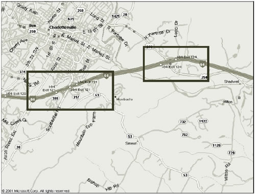 Figure 13 displays map of I-64, exits 124 (test) and 121 (control). Scale is ~1 inch = 1 mile.