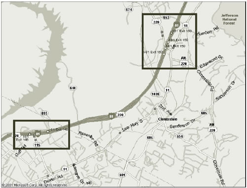 Figure 19 displays map of I-81, exits 150 (test) and 146 (control). Scale is ~ 1inch = 1.5 mile.