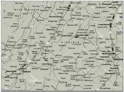 Figure 2 displays a map showing all of the test and control sites (rectangles). Scale is ~1 inch = 40 miles.