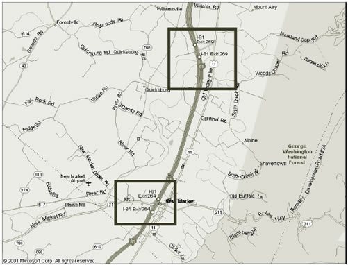 Figure 22 displays map of I-81, exits 264 (test) and 269 (control). Scale is ~ 1 inch = 2 mile.