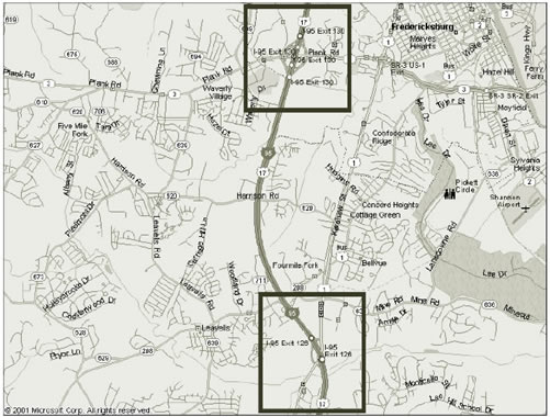 Figure 28 displays map of I-95, exits 126 (test) and 130 (control). Scale is ~ 1 inch = 1 mile. Only southbound crashes were considered