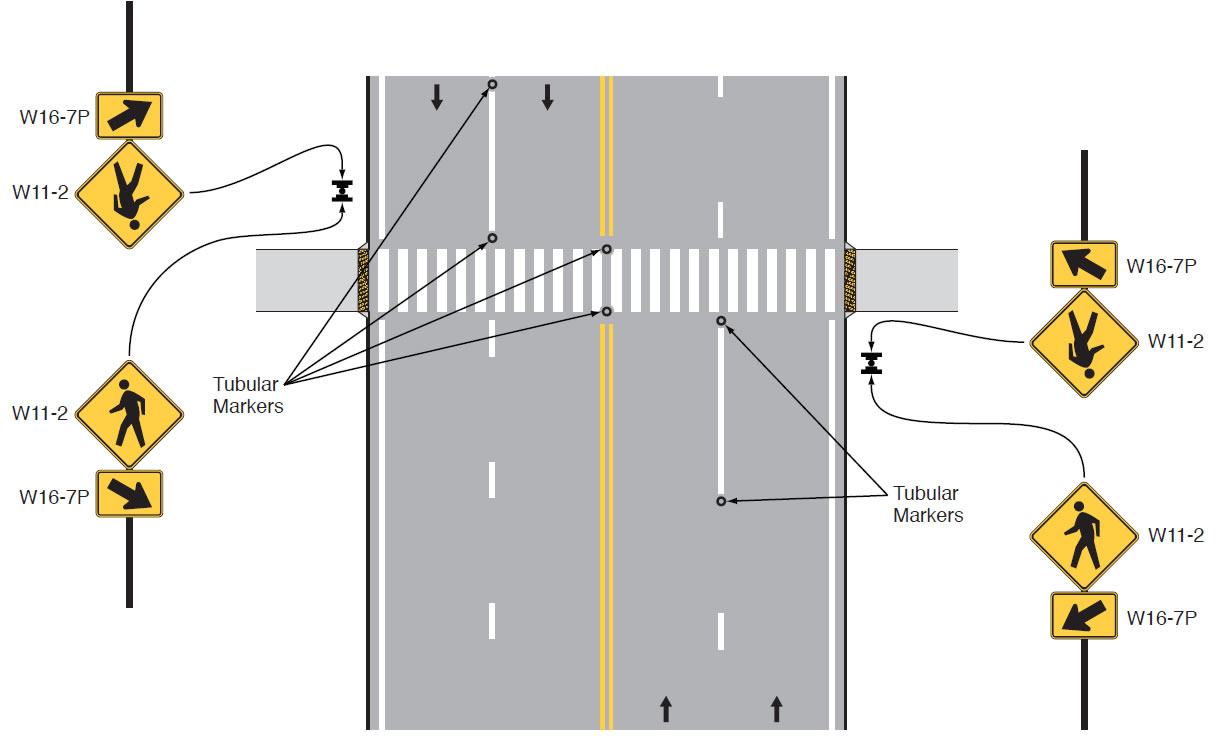 A cross walk denoting tubular markers in the certerline and lane line marker areas.