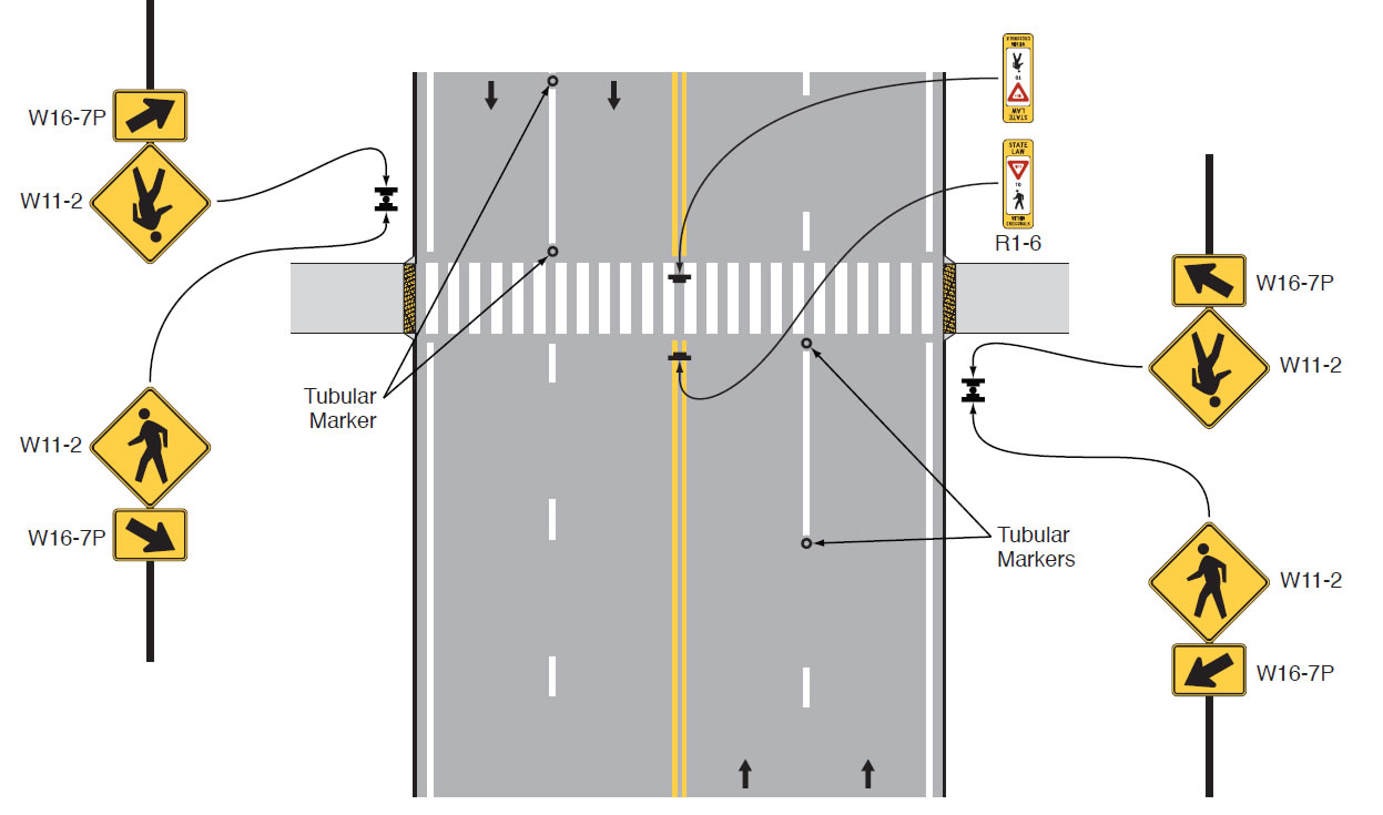 A cross walk denoting tubular markers in the certerline and lane line marker areas and in-street pedestrian cossing sign on center line.