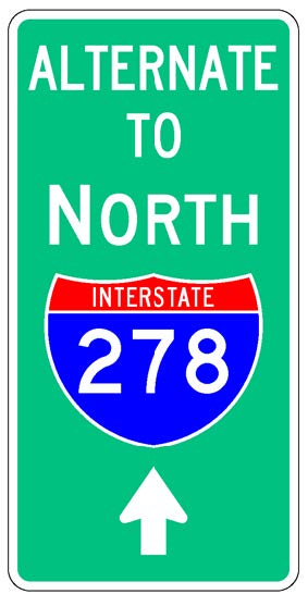 A vertical rectangular single sign with a green background color.  It includes a white directional arrow above which is a full color Interstate route shield above which is a white cardinal direction word legend above which are the words "Alternate To" in white letters.