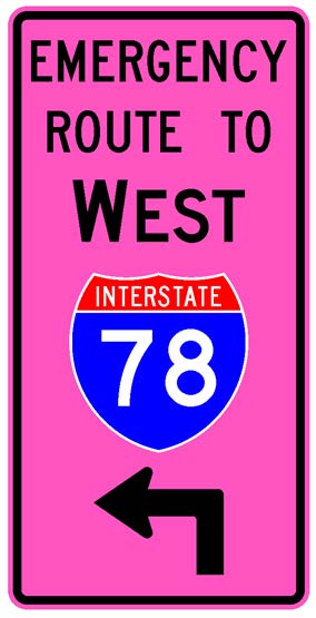 A vertical rectangular single sign with a fluorescent pink background color.  It includes a black directional arrow above which is a full color Interstate route shield above which is a black cardinal direction word legend above which are the words "Emergency Route To" in black letters.
