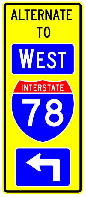 A vertical rectangular single sign with a yellow background color.  It includes a white directional arrow within a blue rectangular background panel above which is a full color Interstate route shield above which is a white cardinal direction word legend within a blue rectangular background panel above which are the words "Alternate To" in black letters.