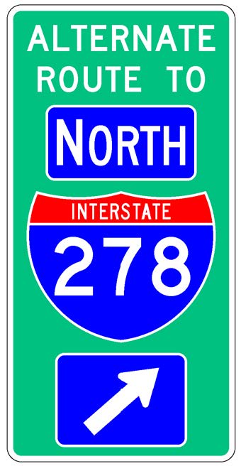 A vertical rectangular single sign with a green background color.  It includes a white directional arrow within a blue rectangular background panel above which is a full color Interstate route shield above which is a white cardinal direction word legend within a blue rectangular background panel above which are the words "Alternate Route To" in white letters.