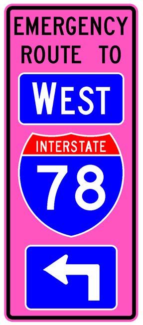 A vertical rectangular single sign with a fluorescent pink background color.  It includes a white directional arrow within a blue rectangular background panel above which is a full color Interstate route shield above which is a white cardinal direction word legend within a blue rectangular background panel above which are the words "Emergency Route To" in black letters.