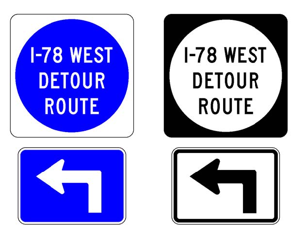 Two single signs that both have the same legend, which is "I-78 West Detour Route".  The legend on the first sign is white within a blue circle, which is placed on a white square sign, and below which is shown a white-on-blue directional arrow auxiliary sign.  The legend on the second sign is black within a white circle, which is placed on a black square sign, and below which is shown a black-on-white directional arrow auxiliary sign.