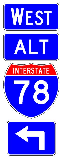 A sign assembly comprised of a white-on-blue directional arrow auxiliary sign above which is a full color Interstate route shield sign above which is a white-on-blue "Alt" auxiliary sign above which is a white-on-blue cardinal direction auxiliary sign.