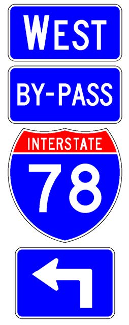 A sign assembly comprised of a white-on-blue directional arrow auxiliary sign above which is a full color Interstate route shield sign above which is a white-on-blue "By-Pass" auxiliary sign above which is a white-on-blue cardinal direction auxiliary sign.