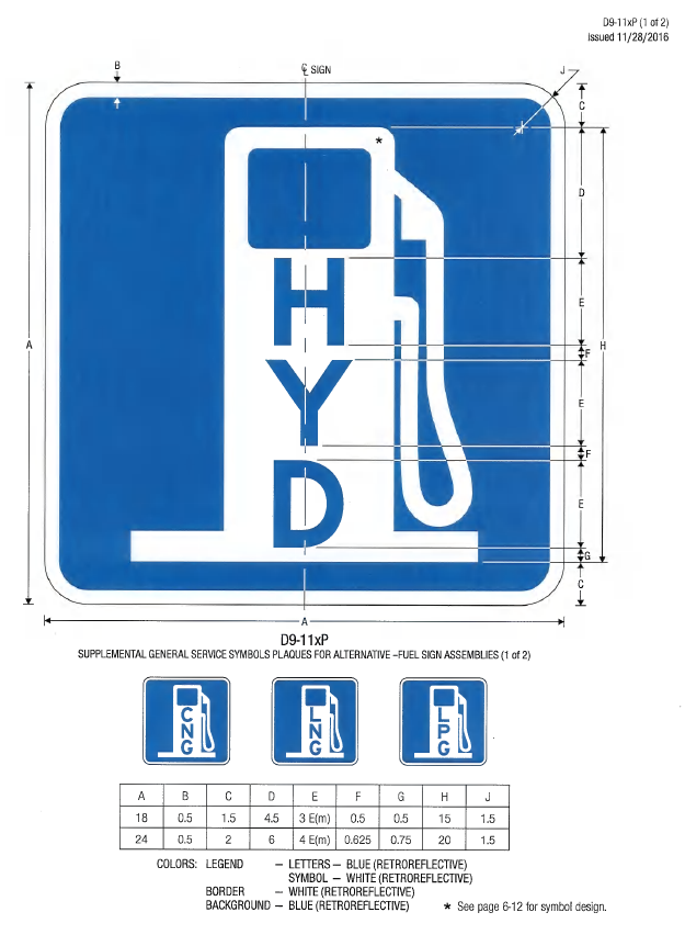 A technical drawing for the D9-11xP Supplemental General Service Symbols Plaques for Alternative - Fuel Sign Assemblies (1 of 2)