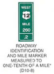 Guide Sign "ROADWAY IDENTIFICATION AND MILE MARKER MEASURED TO ONE-TENTH OF A MILE (D10-8) is shown with the word "WEST" on the top line, a white U.S. Route shield with the numerals "12" on it on the second line, the word "MILE" on the third line, the numerals "260" on the fourth line, a horizontal dividing line, and the decimal numeral ".2" on the fifth line. This sign was anticipated for inclusion in the 2003 edition of the MUTCD at the time of this printing.